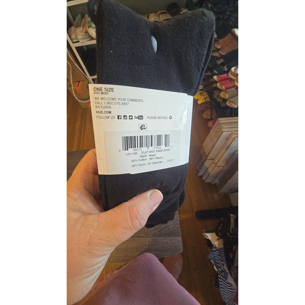 Hue Flat Knit Knee Socks 3 Pack Black Cotton Rayon Blend U21135 One Size NWT